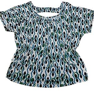 AGB Geometric Blouse Top Short Sleeve Keyhole Back Pleated Waist Women Large